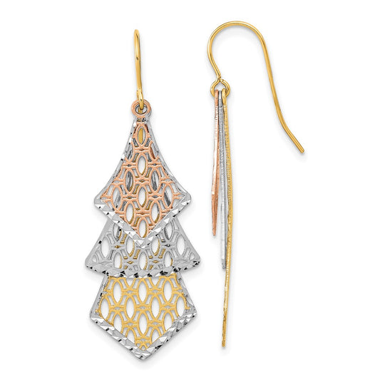 14K Tri-Color Gold Diamond-cut Polished Filigree Dangle Earrings