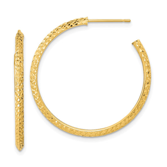 14K Yellow Gold 3x25mm Polished Diamond-cut Round Hoop Post Earrings