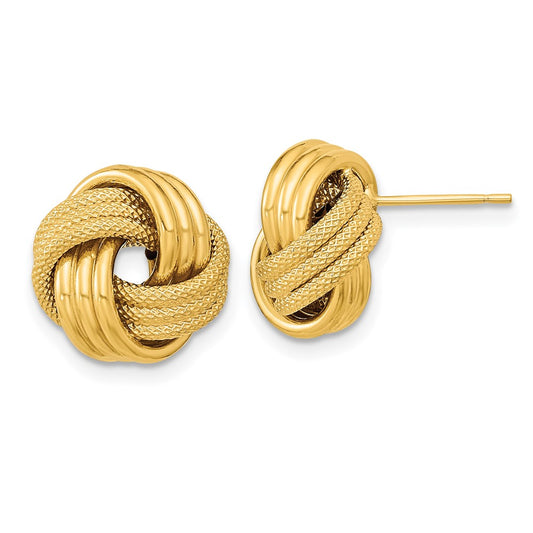 14K Yellow Gold Polished Textured Triple Love Knot Post Earrings