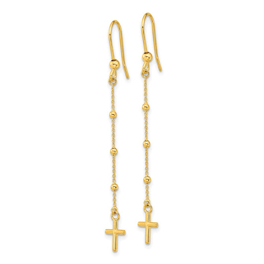 14K Yellow Gold Polished Cross Dangle Shepherd Hook Earrings