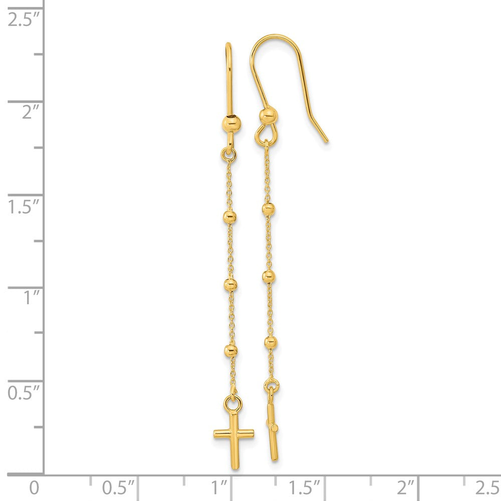 14K Yellow Gold Polished Cross Dangle Shepherd Hook Earrings