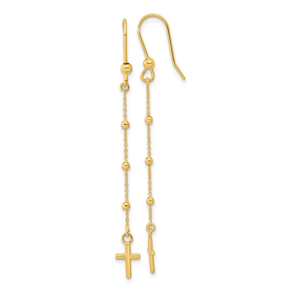 14K Yellow Gold Polished Cross Dangle Shepherd Hook Earrings