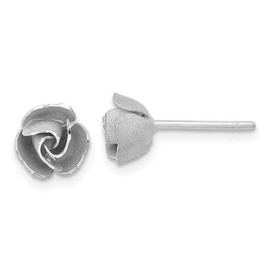 14K White Gold Satin Finish Diamond-cut Rose Flower Post Earrings