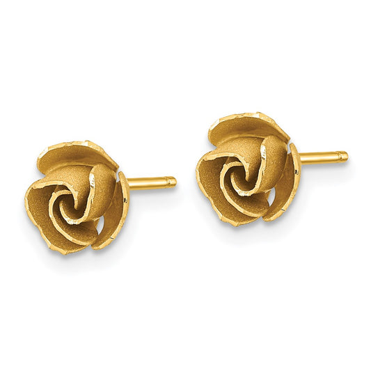 14K Yellow Gold Satin Finish Diamond-cut Rose Flower Post Earrings