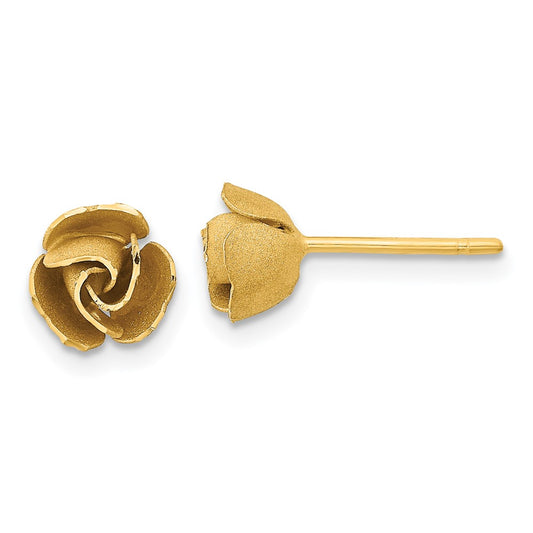 14K Yellow Gold Satin Finish Diamond-cut Rose Flower Post Earrings