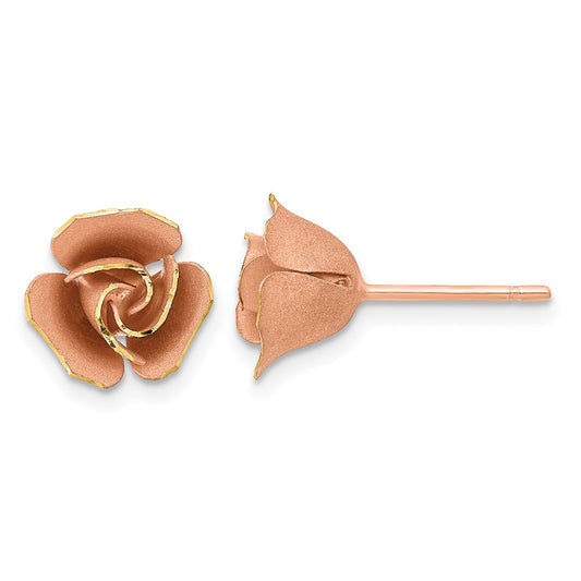 14K Rose Gold Satin Finish Diamond-cut Rose Flower Post Earrings