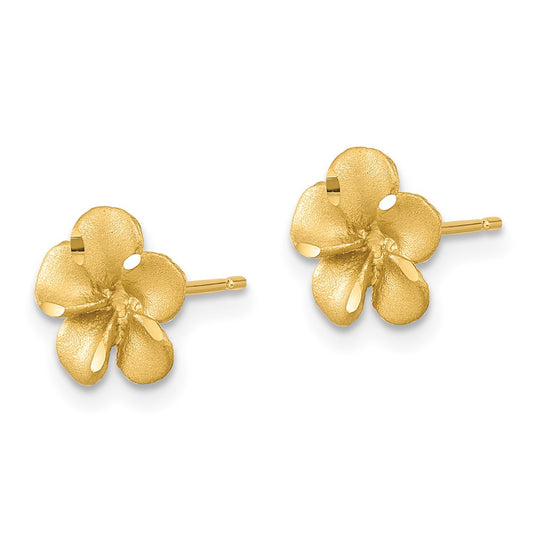 14K Yellow Gold Satin Diamond-cut Plumeria Post Earrings