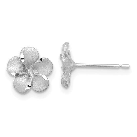 14K White Gold Satin Diamond-cut Plumeria Post Earrings