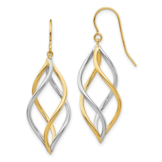 14K Two-Tone Gold Twisted Polished Dangle Shepherd Hook Earrings