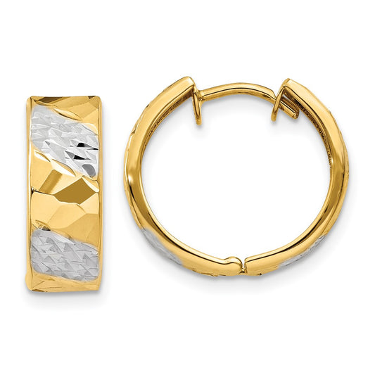 14K Yellow Gold 5mm Diamond-cut Rhodium Hoop Earrings