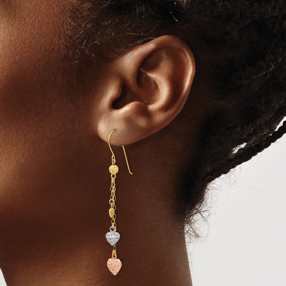 14K Tri-Color Gold Puff Heart Dangle Earrings