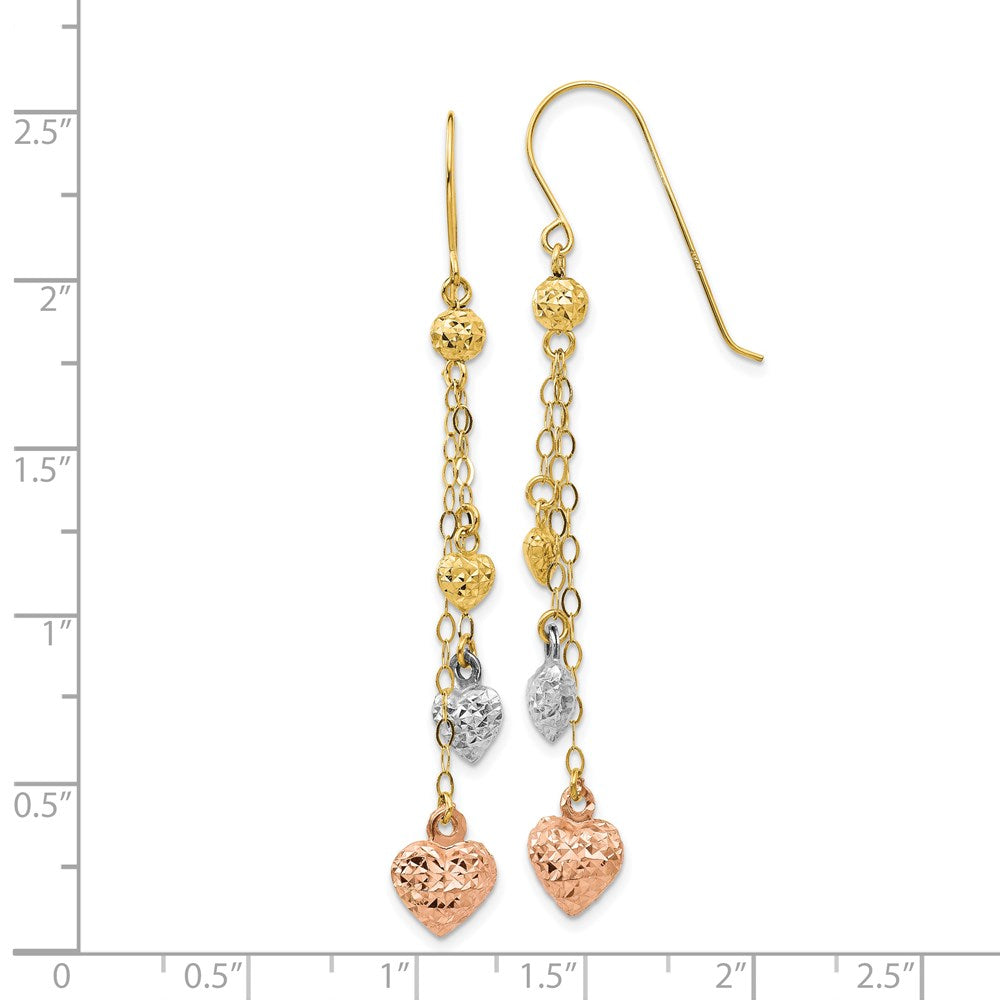 14K Tri-Color Gold Puff Heart Dangle Earrings