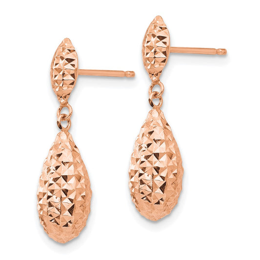 14K Rose Gold Diamond-cut Puff Teardrop Dangle Earrings