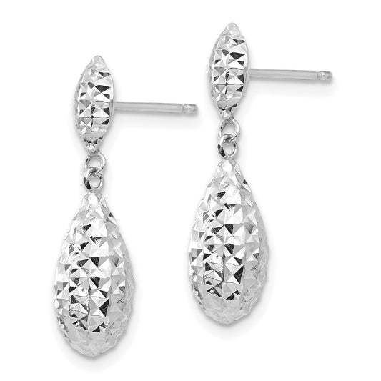 14K White Gold Diamond-cut Puff Teardrop Dangle Earrings