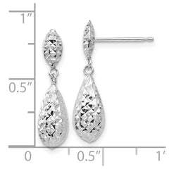 14K White Gold Diamond-cut Puff Teardrop Dangle Earrings