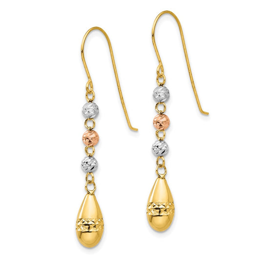 14K Tri-Color Gold Diamond-cut Teardrop Beaded Puff Dangle Earrings