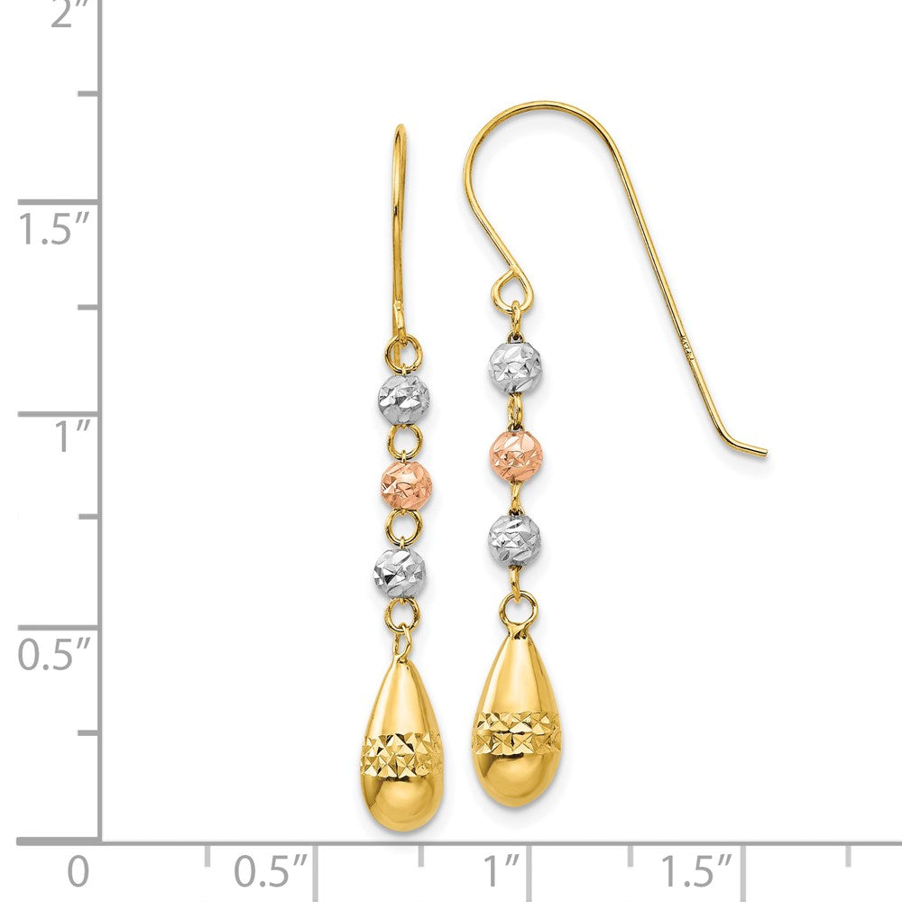 14K Tri-Color Gold Diamond-cut Teardrop Beaded Puff Dangle Earrings