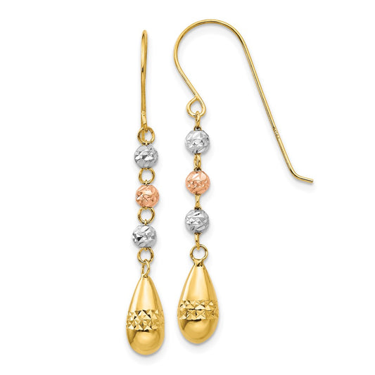 14K Tri-Color Gold Diamond-cut Teardrop Beaded Puff Dangle Earrings