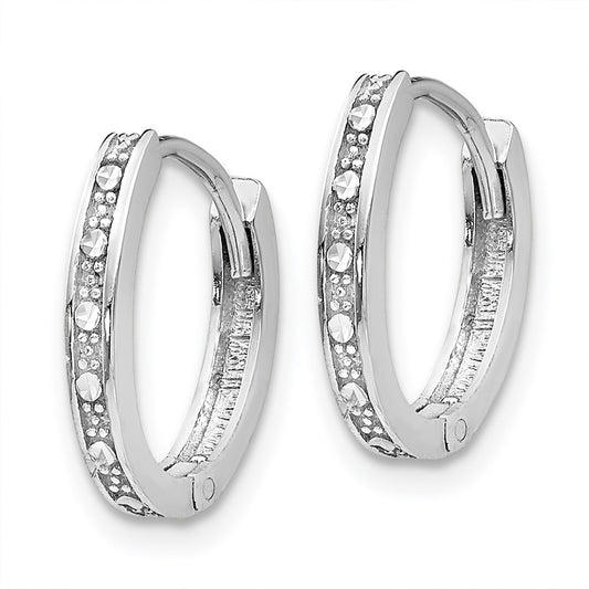 14K White Gold Diamond-cut Oval Hinged Hoop Earrings