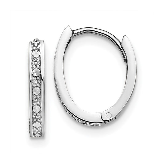 14K White Gold Diamond-cut Oval Hinged Hoop Earrings