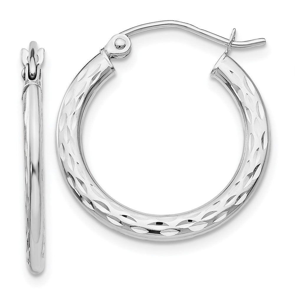 14K White Gold Diamond-cut 2.5x20mm Hollow Hoop Earrings