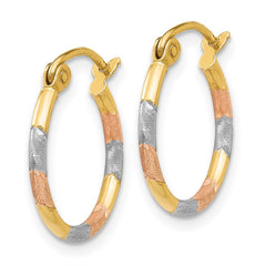 14K Tri-Color Gold 1.5mm Satin & Diamond-cut Hoop Earrings