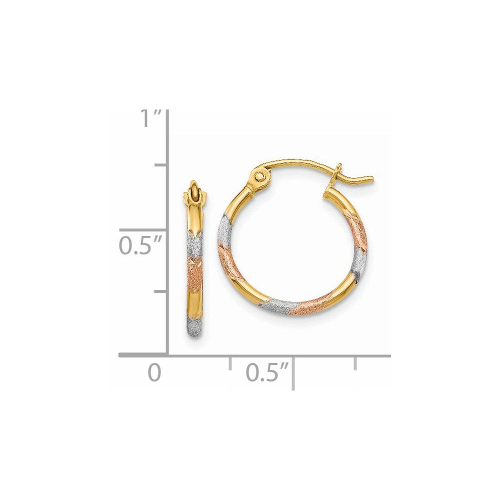 14K Tri-Color Gold 1.5mm Satin & Diamond-cut Hoop Earrings