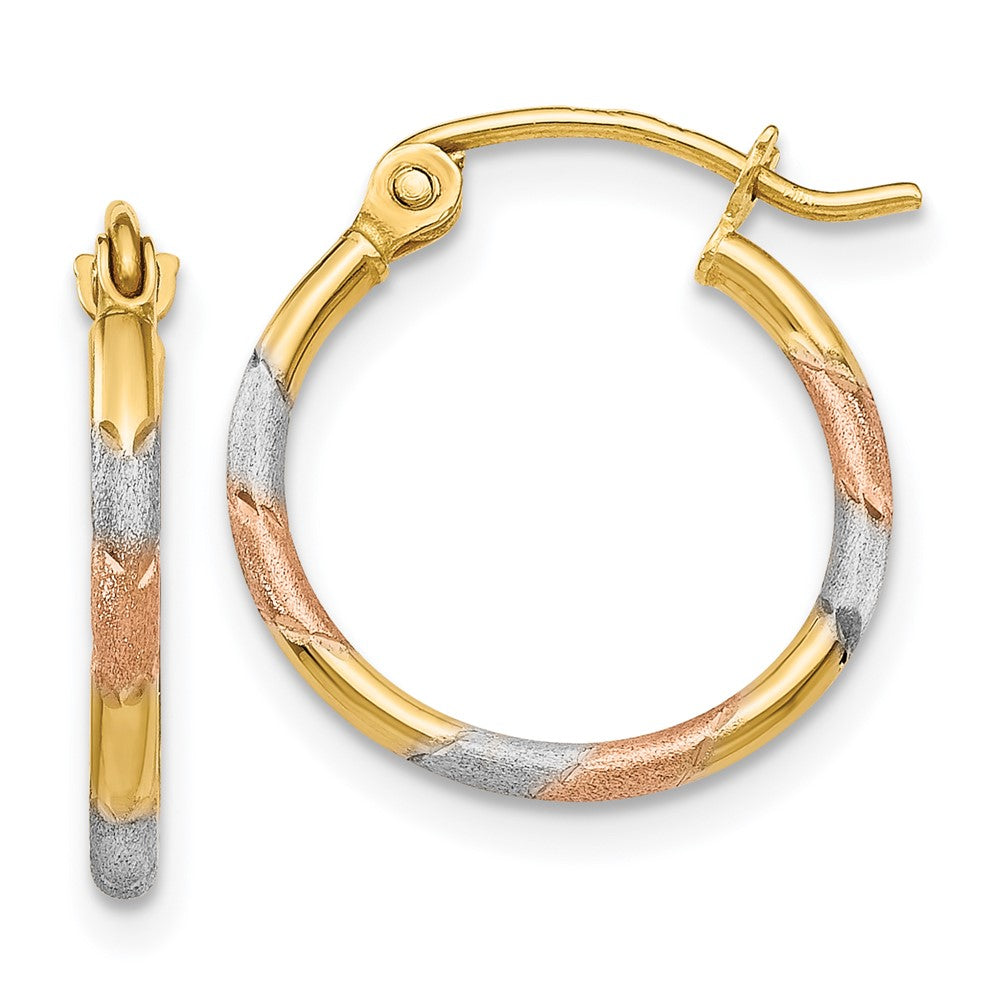 14K Tri-Color Gold 1.5mm Satin & Diamond-cut Hoop Earrings