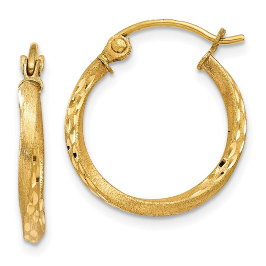 14K Yellow Gold Satin Diamond-cut Hollow Twisted Hoop Earrings