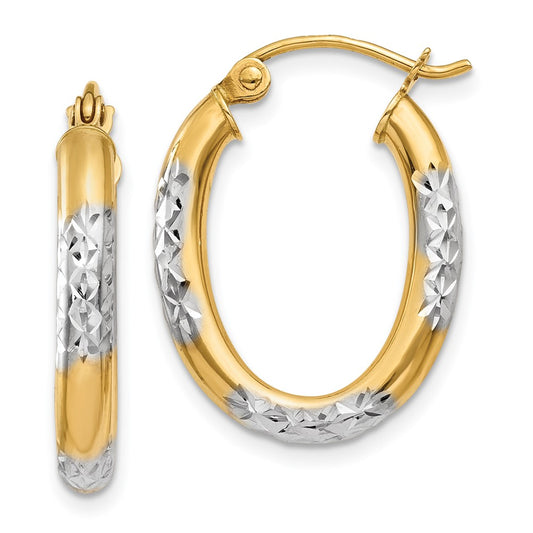 14K Two-Tone Gold 3mm Diamond-cut Oval Hollow Hoop Earrings