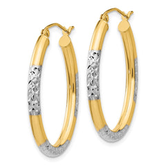 14K Two-Tone Gold 3mm Diamond-cut Oval Hollow Hoop Earrings