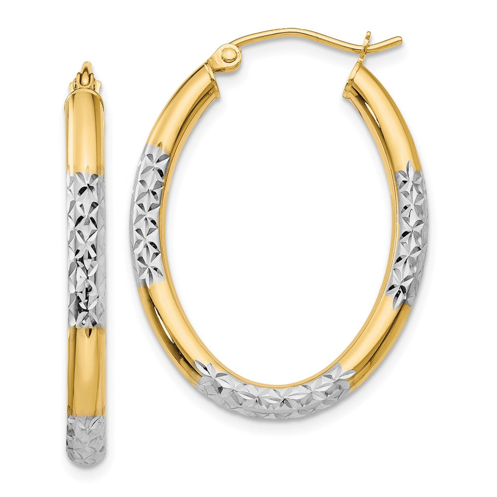 14K Two-Tone Gold 3mm Diamond-cut Oval Hollow Hoop Earrings