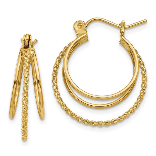 14K Yellow Gold Polished and Textured Circle Hoop Earrings