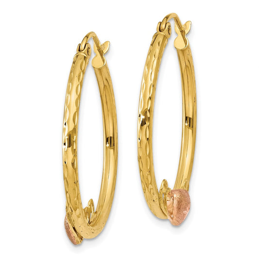 14K Yellow & Rose Gold Heart Diamond-cut Hoop Earrings