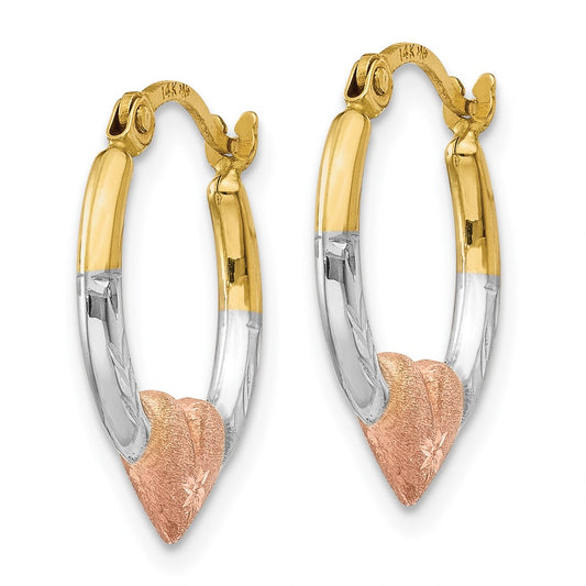 14K Tri-Color Gold Heart Hoop Earrings