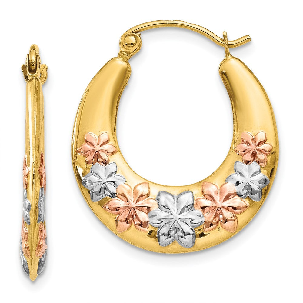 14K Tri-Color Gold Hollow Flowers Hoop Earrings