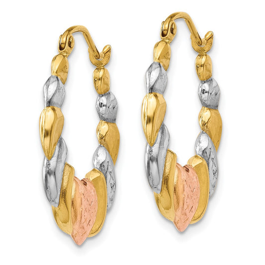 14K Tri-Color Gold Scalloped Heart Hoop Earrings