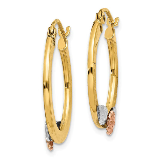 14K Tri-Color Gold with Rhodium Diamond-cut Flower Hoop Earrings