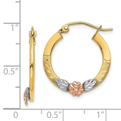 14K Tri-Color Gold with Rhodium Diamond-cut Flower Hoop Earrings