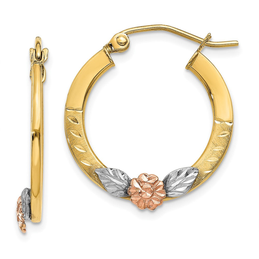 14K Tri-Color Gold with Rhodium Diamond-cut Flower Hoop Earrings