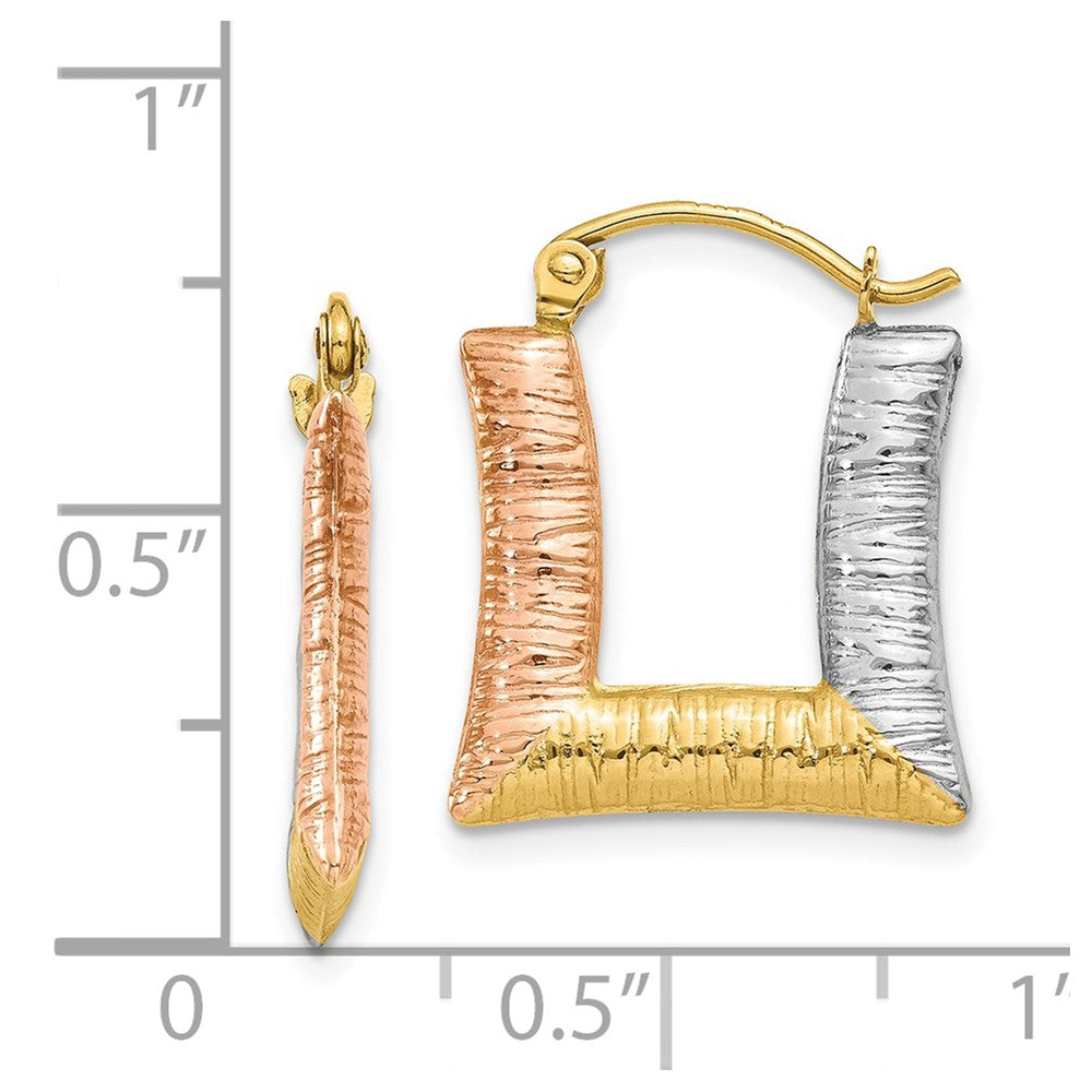 14K Tri-Color Gold Hollow Textured Square Hoop Earrings