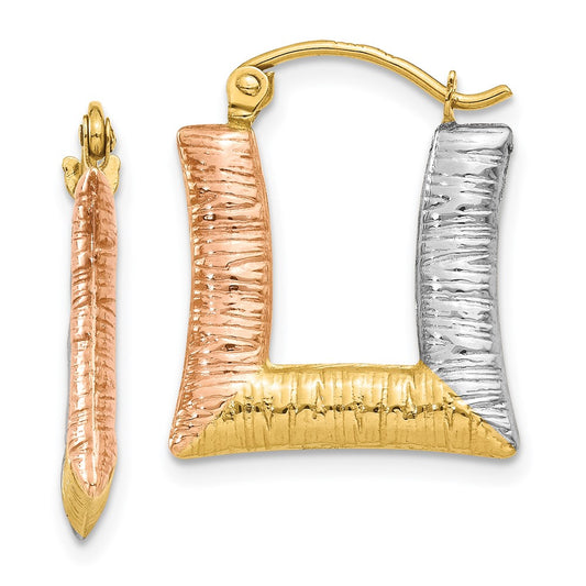 14K Tri-Color Gold Hollow Textured Square Hoop Earrings