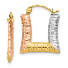 14K Tri-Color Gold Hollow Textured Square Hoop Earrings