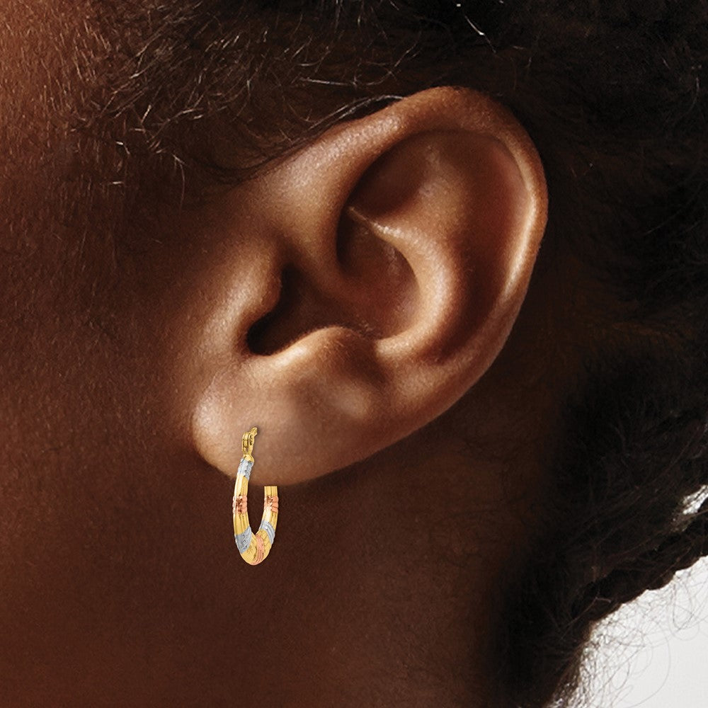 14K Tri-Color Gold Hollow Textured Hoop Earrings