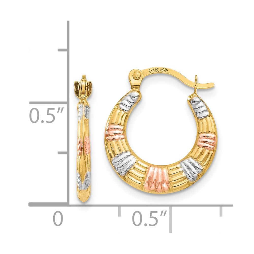 14K Tri-Color Gold Hollow Textured Hoop Earrings