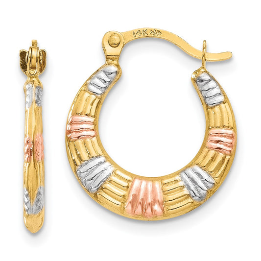 14K Tri-Color Gold Hollow Textured Hoop Earrings