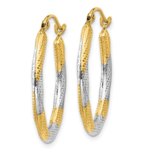 14K Two-Tone Gold Textured Hollow Oval Hoop Earrings