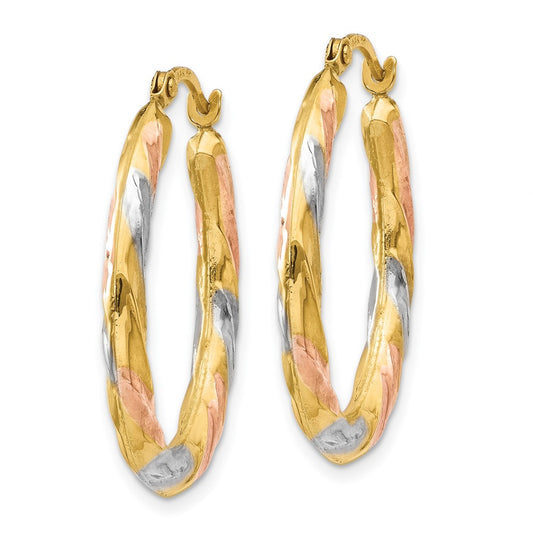 14K Tri-Color Gold Oval Hollow Scallop Hoop Earrings