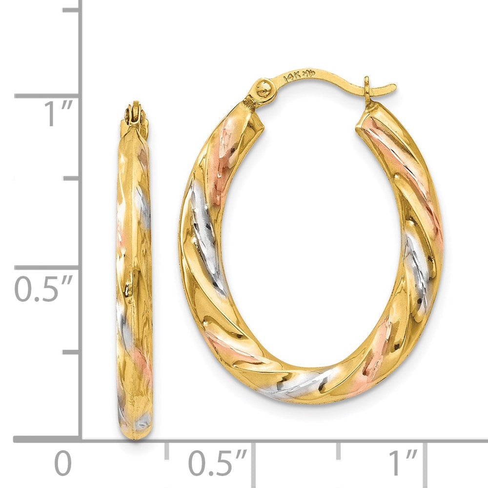 14K Tri-Color Gold Oval Hollow Scallop Hoop Earrings