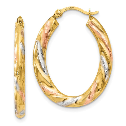 14K Tri-Color Gold Oval Hollow Scallop Hoop Earrings